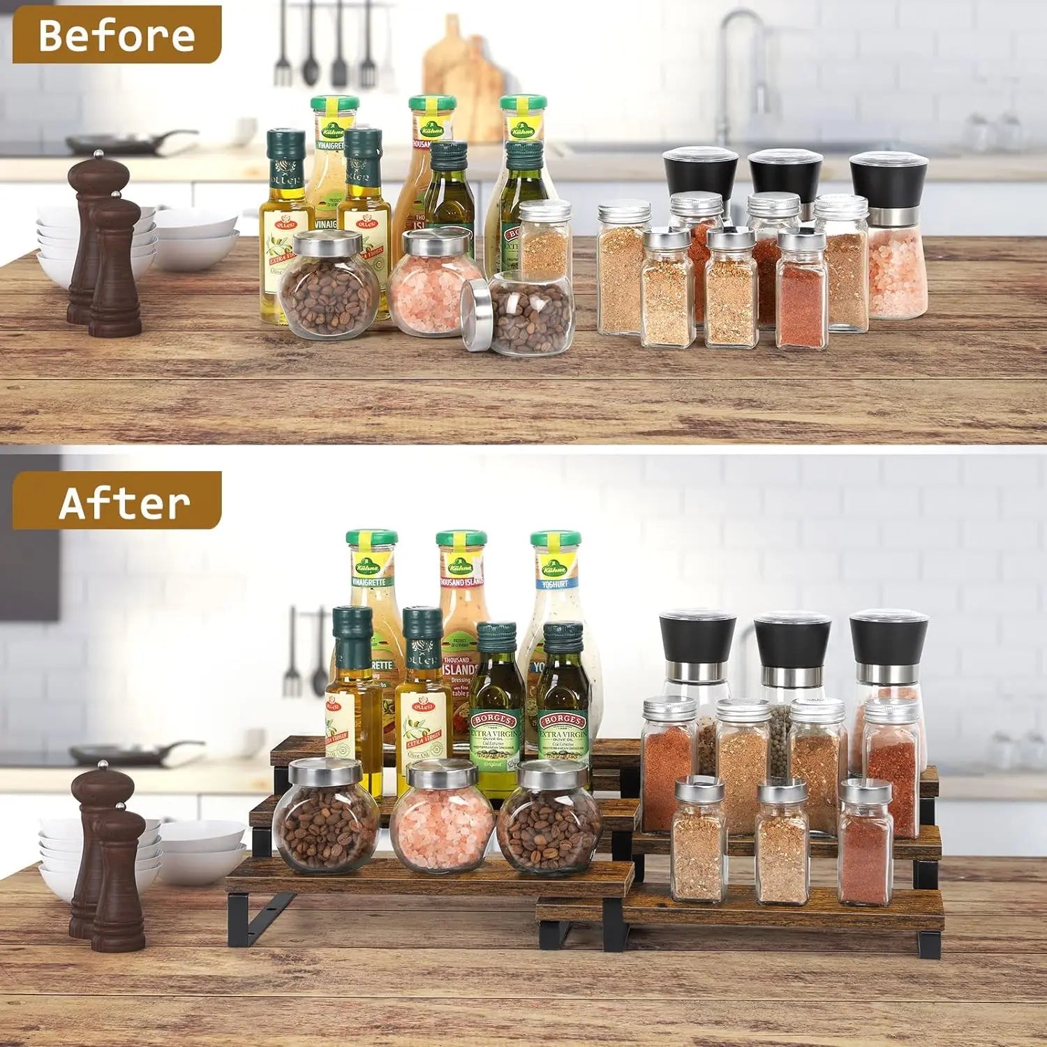 Expandable 3 - Tier Wooden Spice Rack Organizer (Set of 2) - DailyBasicNeeds.com