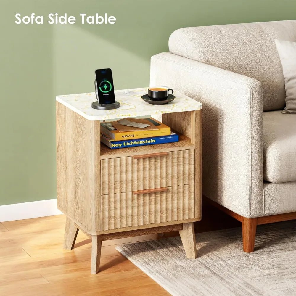Nightstand with Charging Station, 2 Wood Drawers - DailyBasicNeeds.com