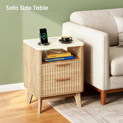 Nightstand with Charging Station, 2 Wood Drawers - DailyBasicNeeds.com