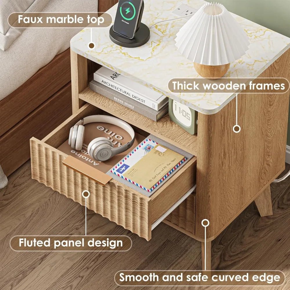 Nightstand with Charging Station, 2 Wood Drawers - DailyBasicNeeds.com