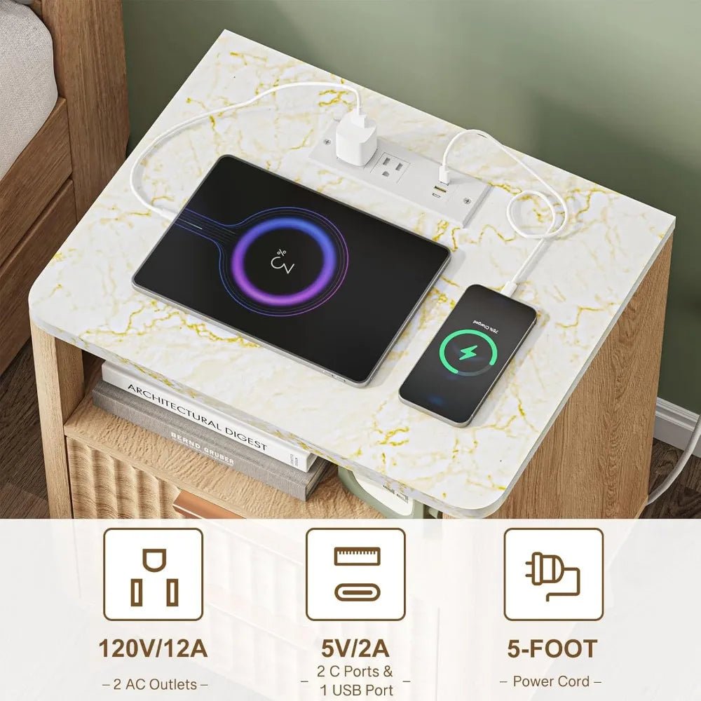 Nightstand with Charging Station, 2 Wood Drawers - DailyBasicNeeds.com