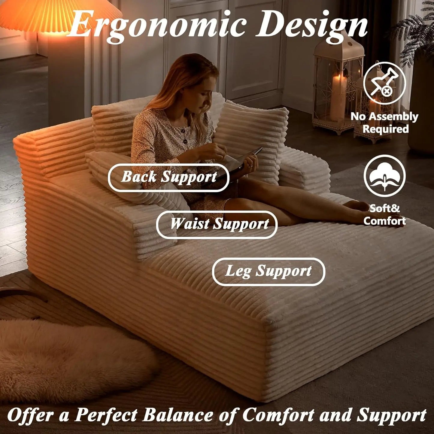 Oversized Chaise Lounge Chair with 3 Comfy Pillows - DailyBasicNeeds.com