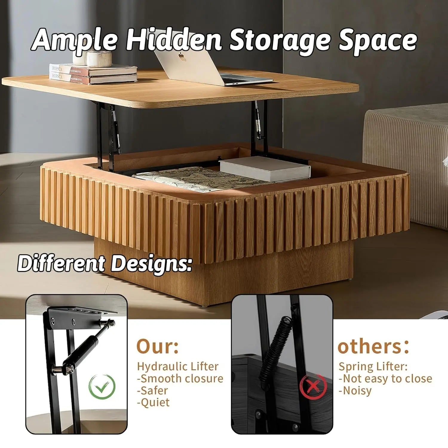 Square Wooden Coffee Table with Hidden Storage - DailyBasicNeeds.com