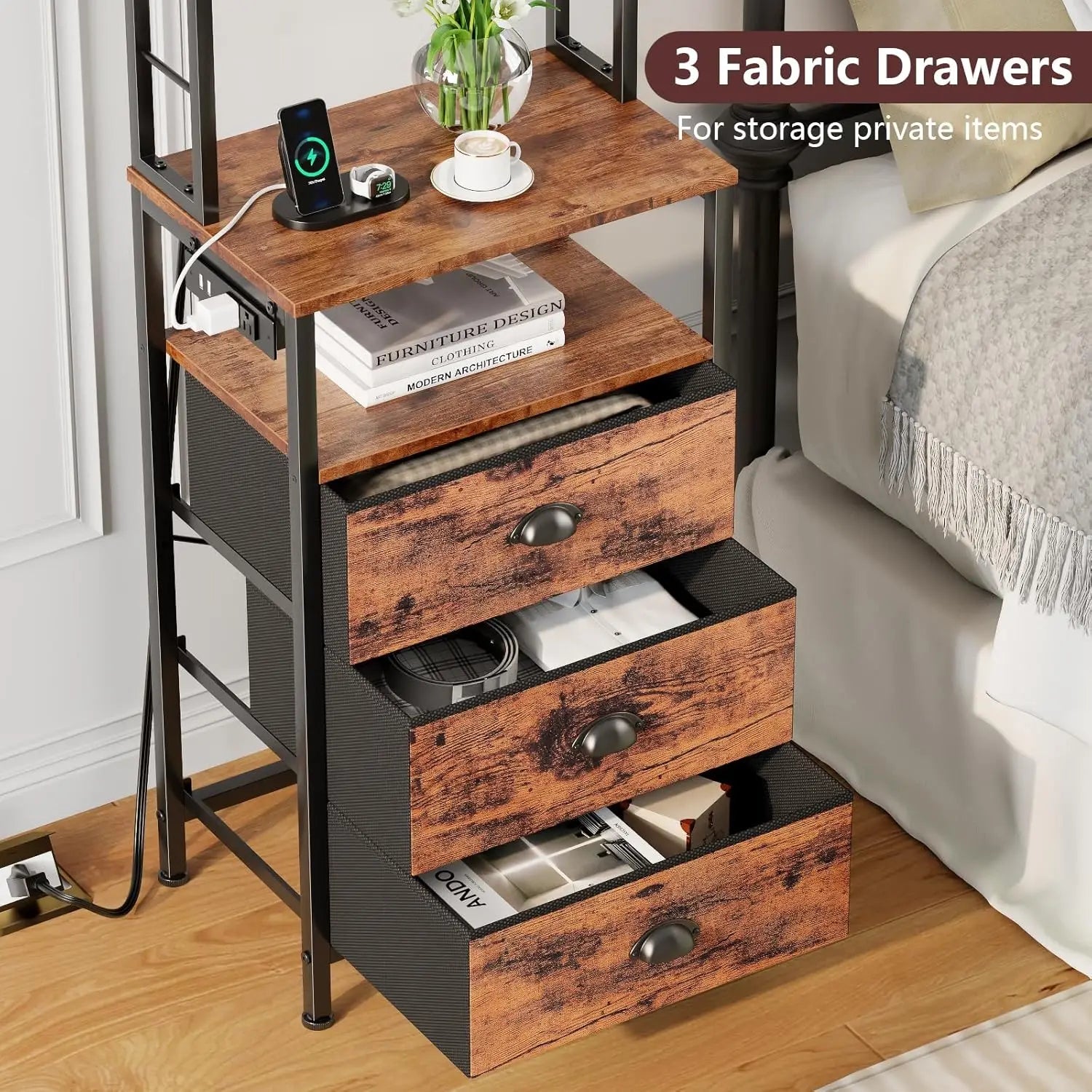 Tall Nightstand with Charging Station - DailyBasicNeeds.com