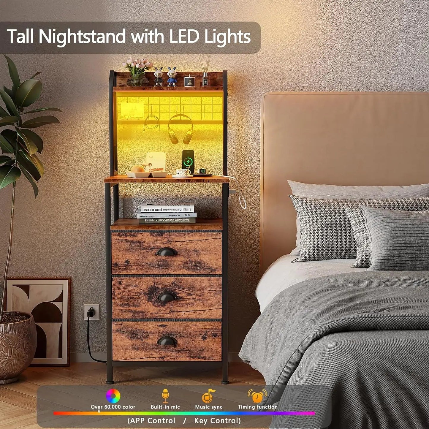 Tall Nightstand with Charging Station - DailyBasicNeeds.com